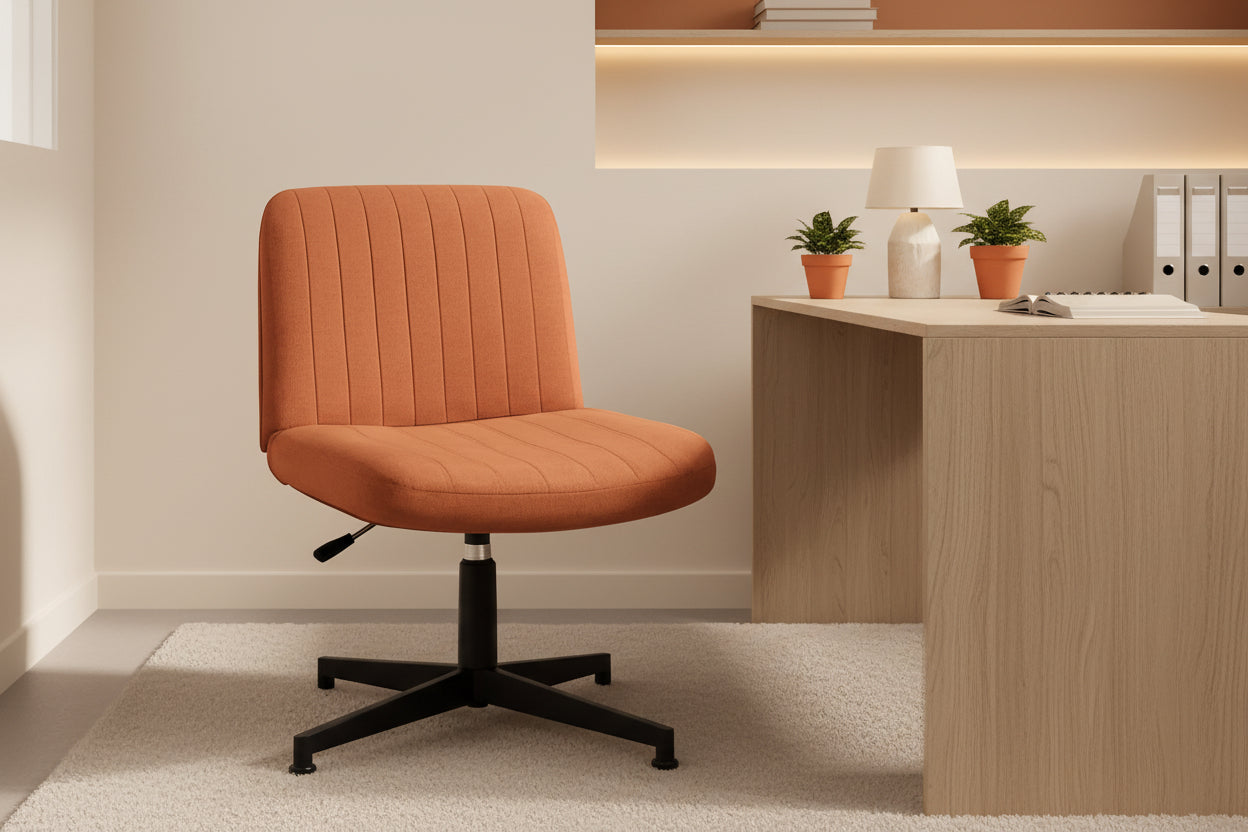 Brown office chair in a room with a lamp and nightstand.