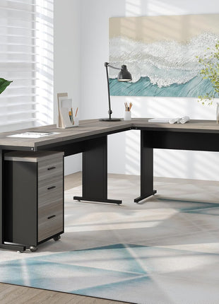 83 Inch L-Shaped Office Desk, Large Executive Computer Desk with 3-Drawer File Cabinet, Industrial Corner Desk with Storage Drawers, Business Furniture Work Desk for Home Office (Gray)-3