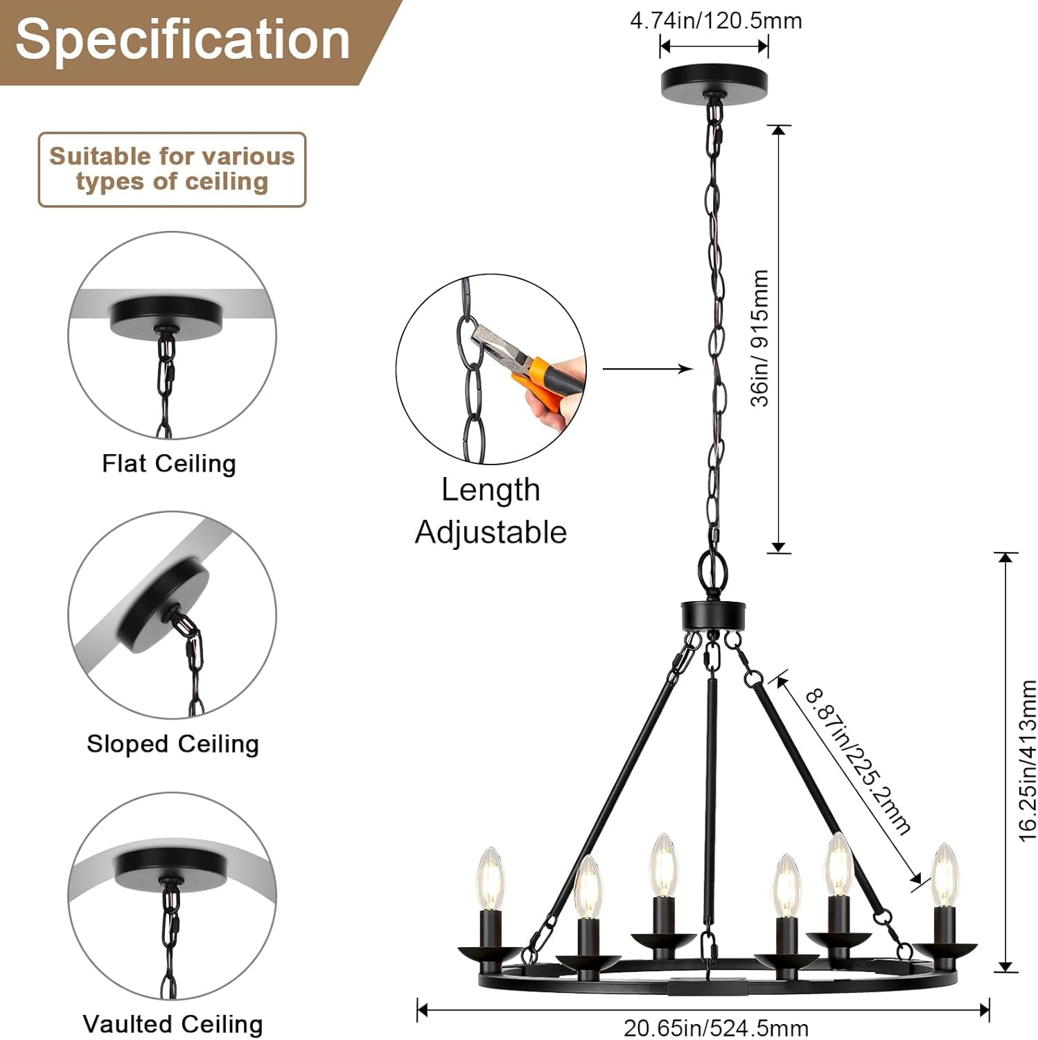 Chandelier with specifications for different ceiling types, length adjustability, and dimensions.