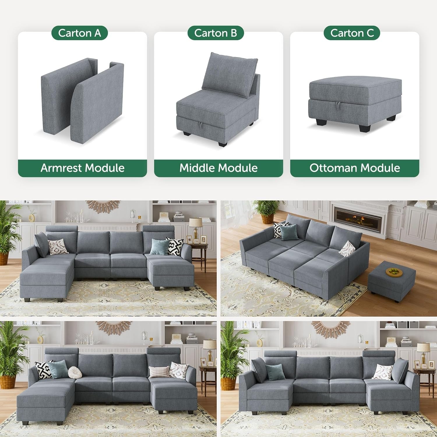 Gray sectional sofa with armrest, middle, and ottoman modules in different configurations.