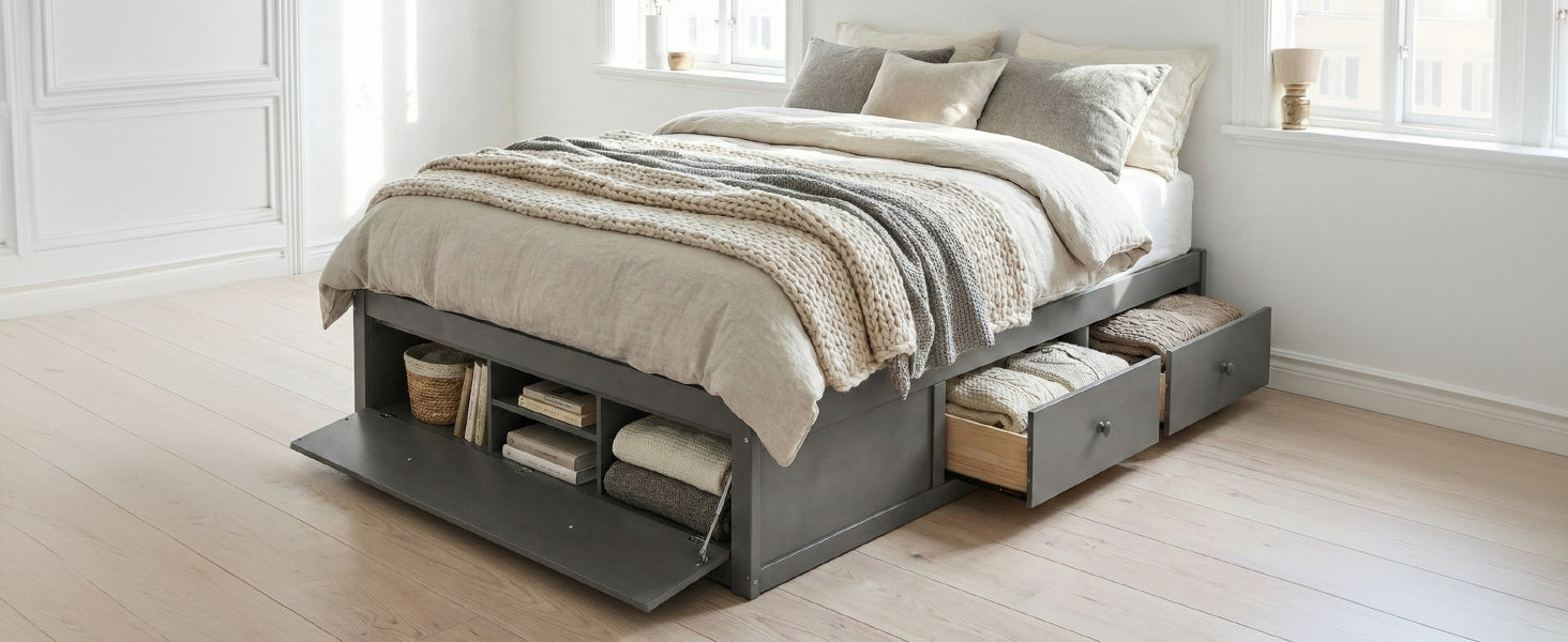 Platform Bed Frame with 4 Storage Drawers and Hydraulic Lift Footboard