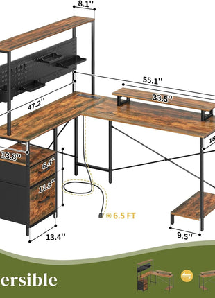 L Shaped Desk with Pegboard, Reversible Computer Desk with Drawers & Storage Shelves, Gaming Desk with LED Lights & Power Outlets, Office Desk with Monitor Stand Corner Desk Home Office Desks-1