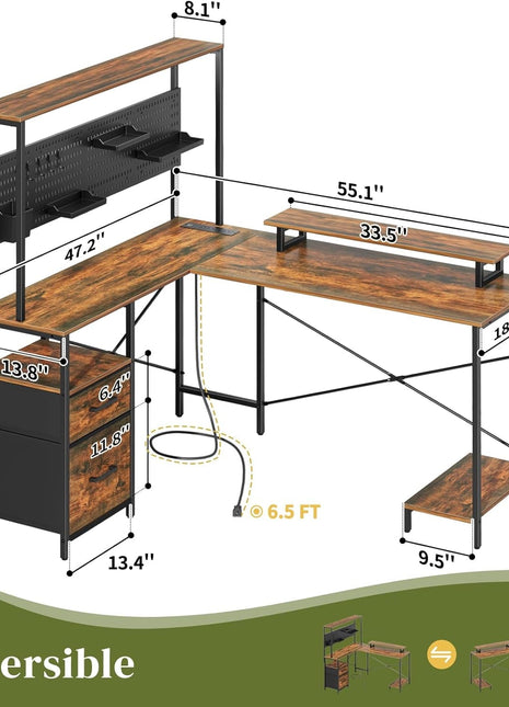 L Shaped Desk with Pegboard, Reversible Computer Desk with Drawers & Storage Shelves, Gaming Desk with LED Lights & Power Outlets, Office Desk with Monitor Stand Corner Desk Home Office Desks-1