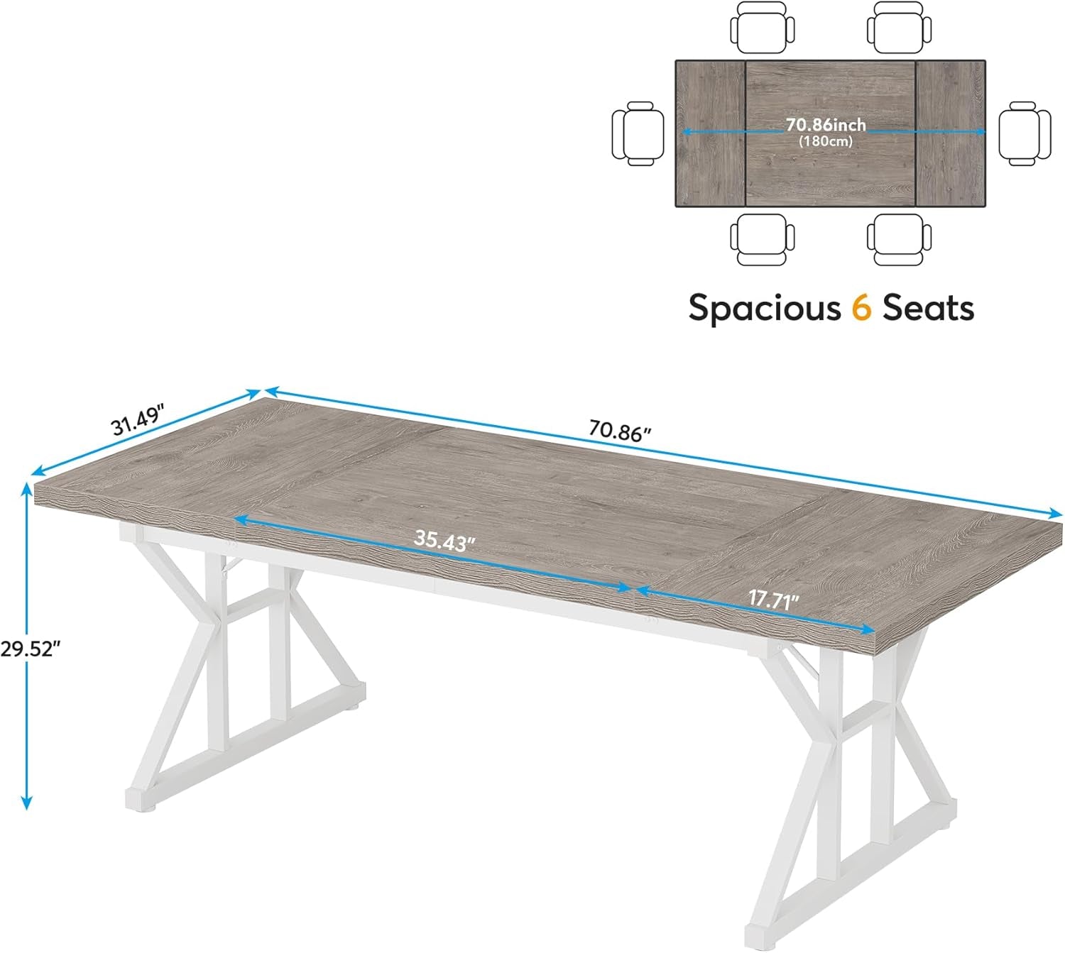 Dining table with dimensions labeled on a white background