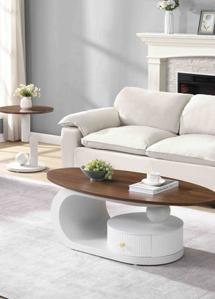 Luxury Nesting Coffee Table Set of 2,  Tables with Storage for Living Room, Oval and Round Table Set, White Center Table, Cocktail Table, Side Table,  Large 47.24'', Small 19.69''-2
