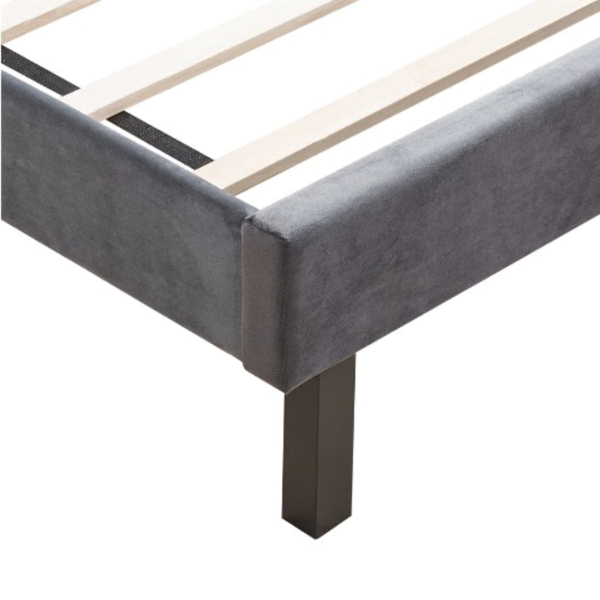 Gray bed frame with wooden slats on a white background