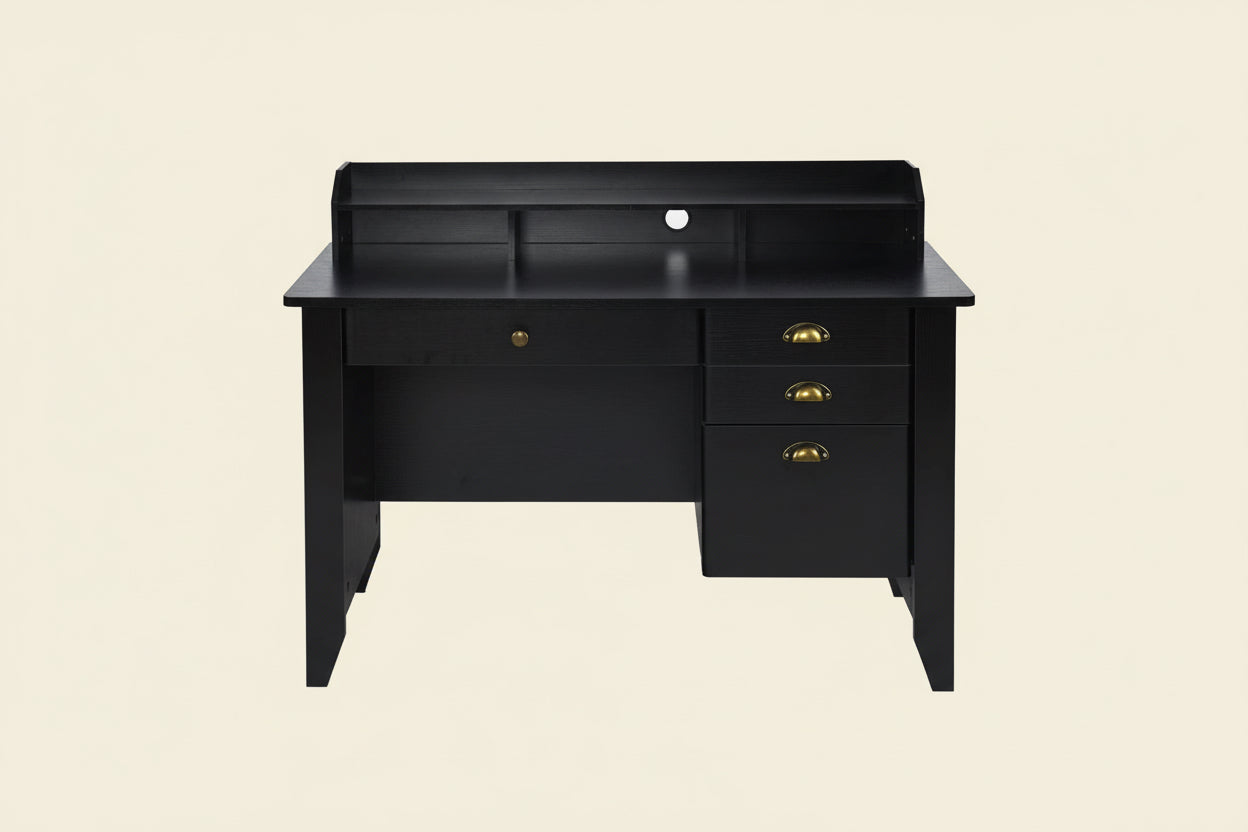 Black desk with gold handles on a white background