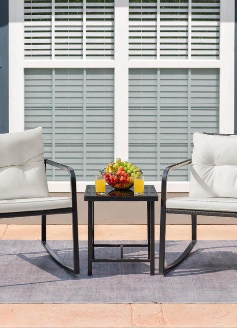 Patio Chairs 3 Piece Wicker Rocking Chair Outdoor Bistro Sets with Coffee Table and Cushions Metal Frame Patio Furniture for Porch, Balcony, Lawn (White)-1