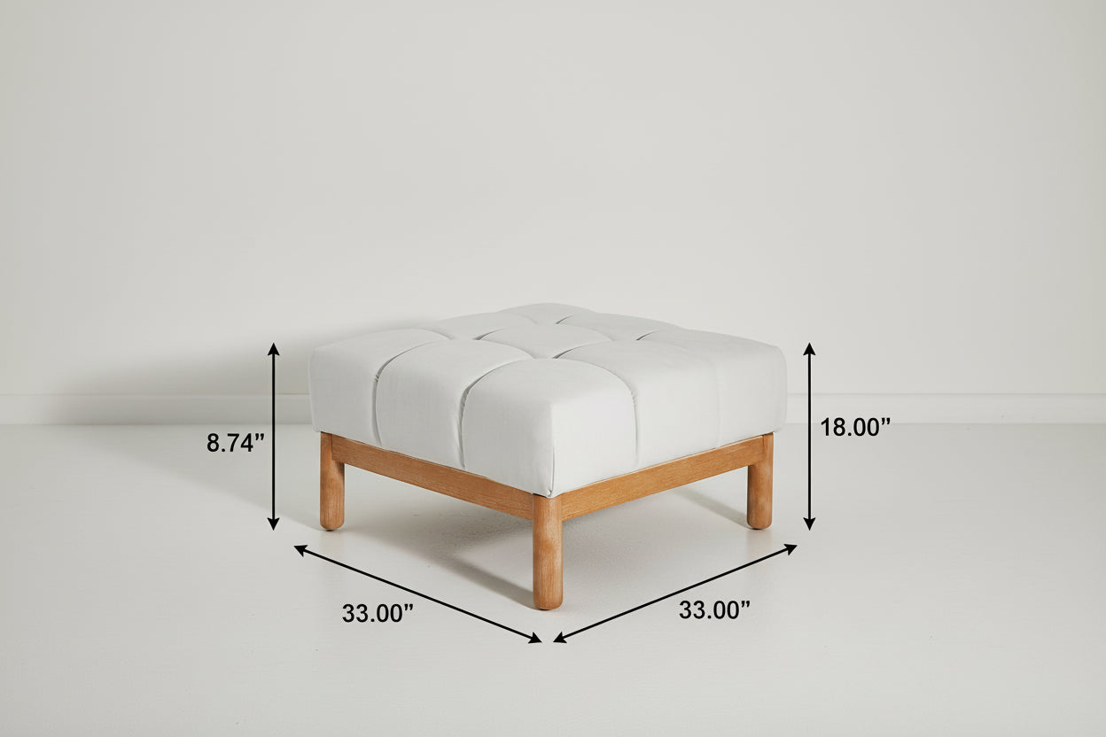 Gray upholstered ottoman with wooden legs and dimensions displayed on a white background