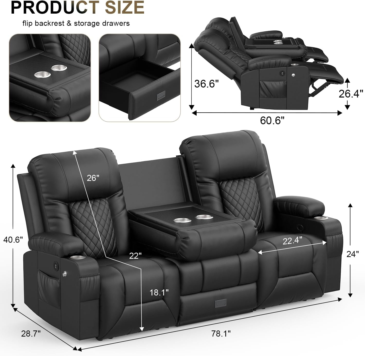 Black recliner sofa with dimensions and features on a white background