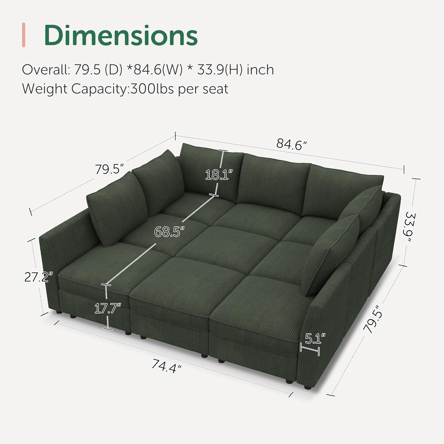 Green sectional sofa with dimensions labeled on a white background