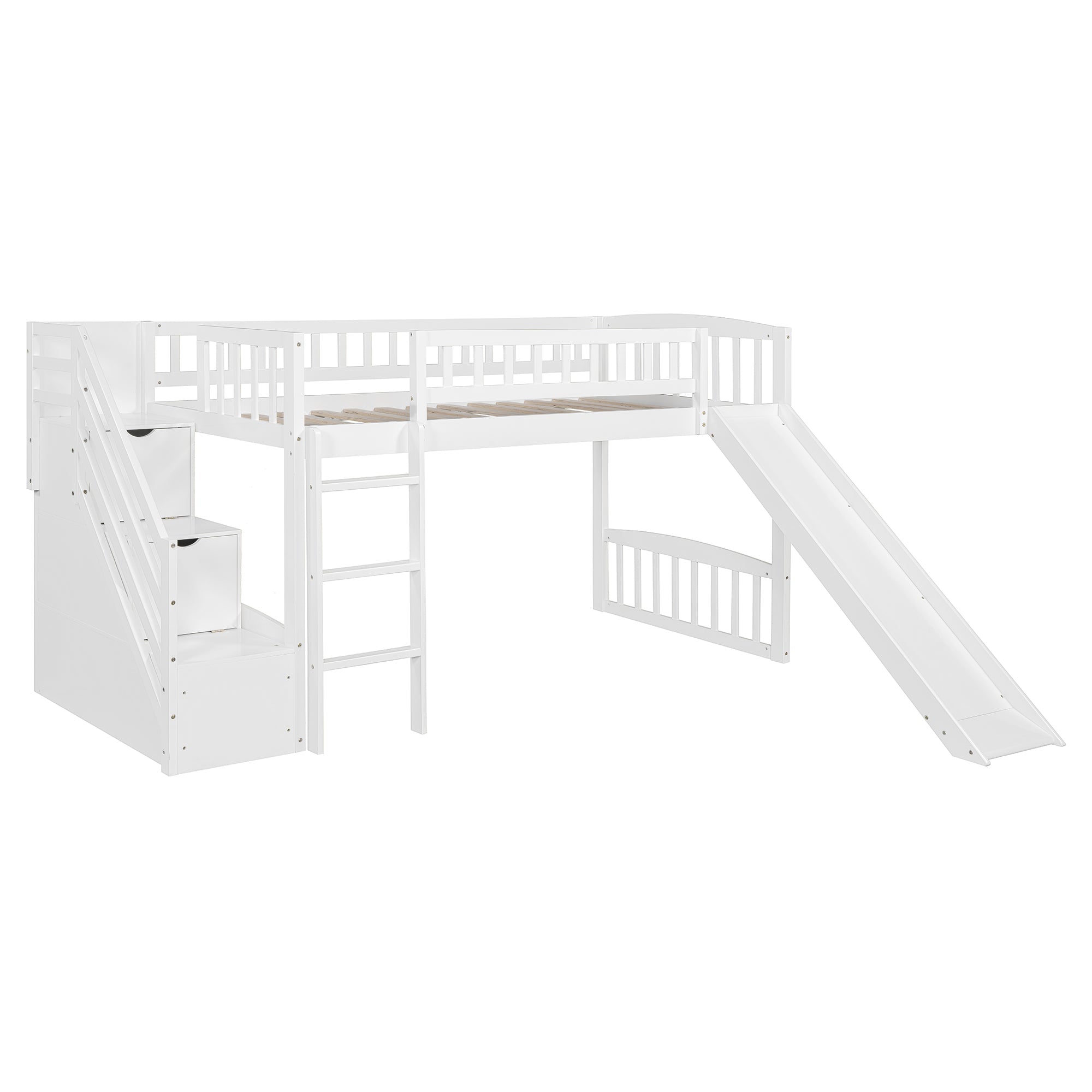 Stairway Twin Size Loft Bed with Two Drawers and Slide