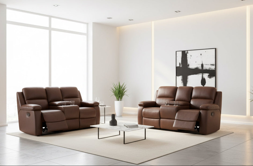 Brown leather reclining sofa set in a living room 
