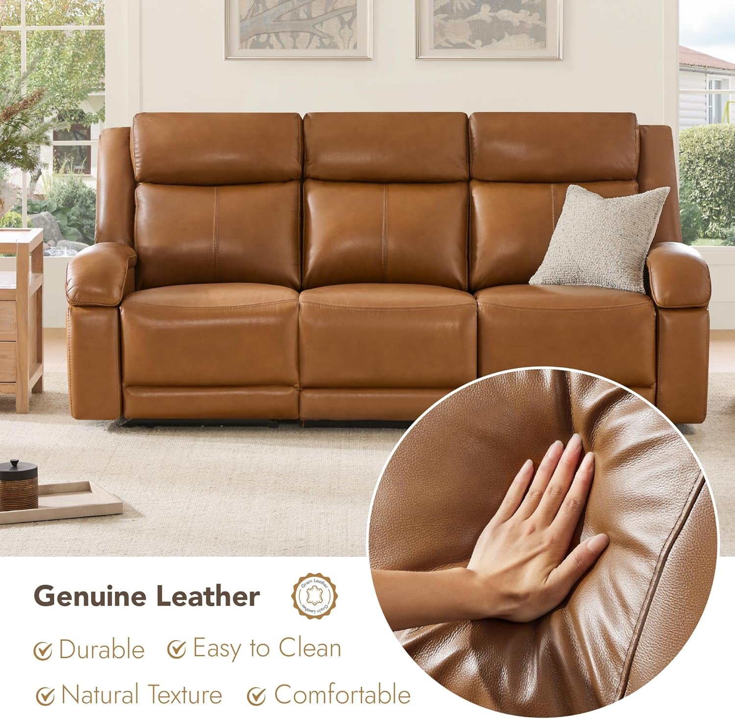 Brown leather sofa with a close-up of leather texture and hand, set in a living room.