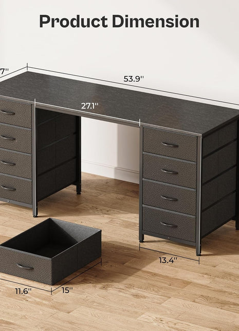 55 Inch Computer Desk with 8 Fabric Drawers, Office Desk Work Desk for Home Office, Study, Gaming Desk with Drawers, Large Storage, Black-1