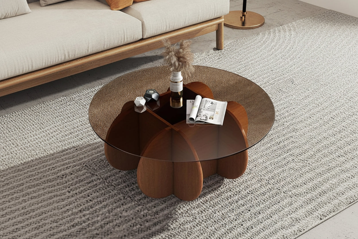 Coffee table with glass top and brown base in a living room setting