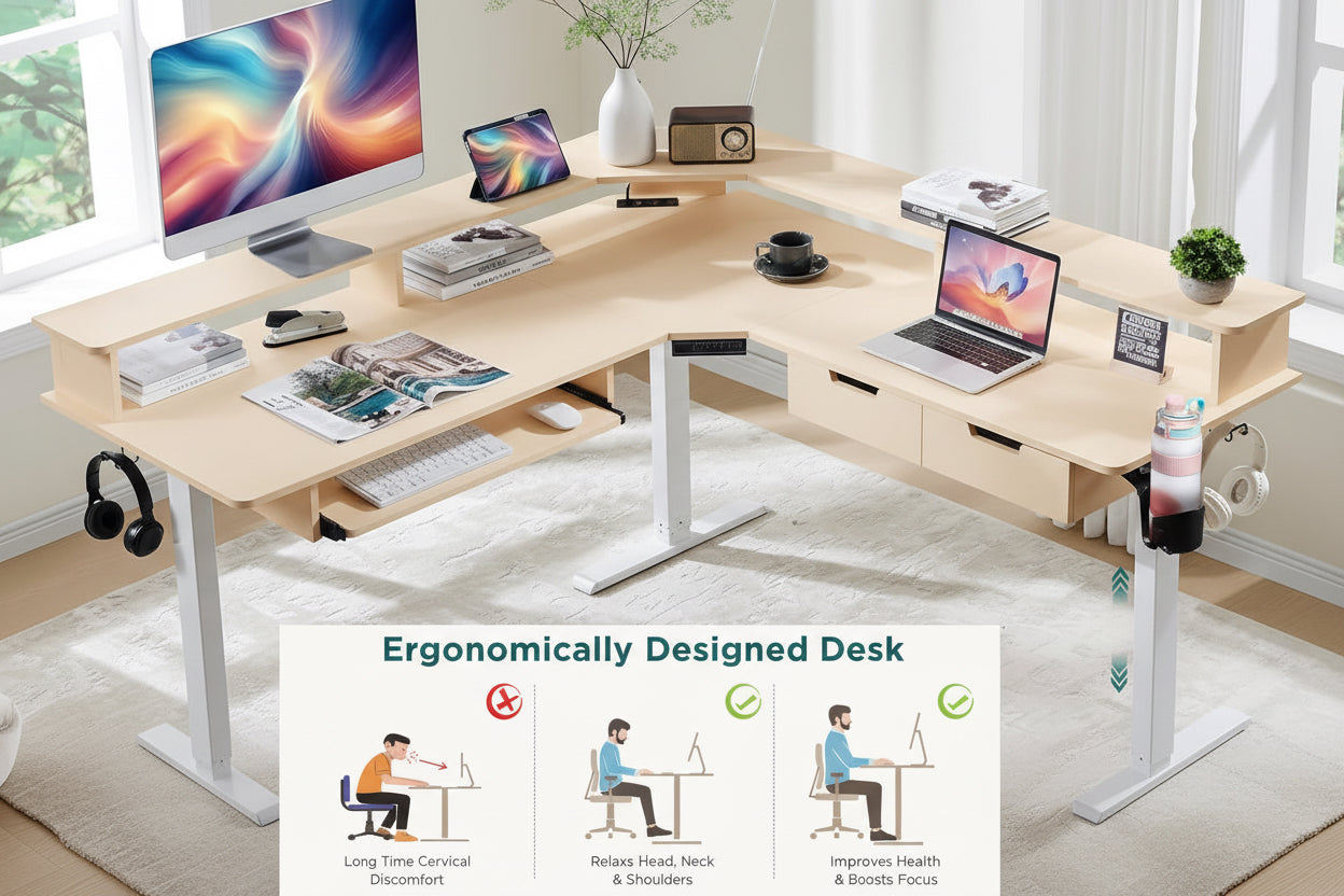 Ergonomically designed L-shaped desk with office items in a bright room.