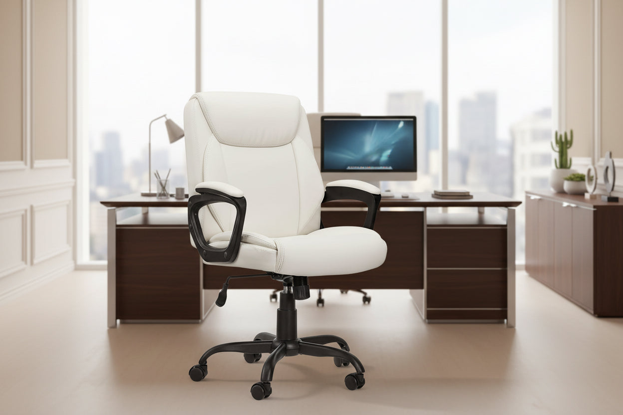 White office chair with black accents on a white background
