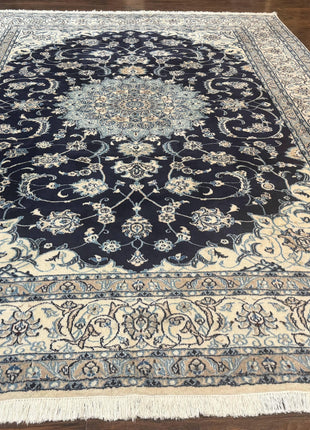 Persian Nain Rug 8x11, Navy Blue and Ivory, Handmade Wool Vintage Carpet, Floral Medallion-0