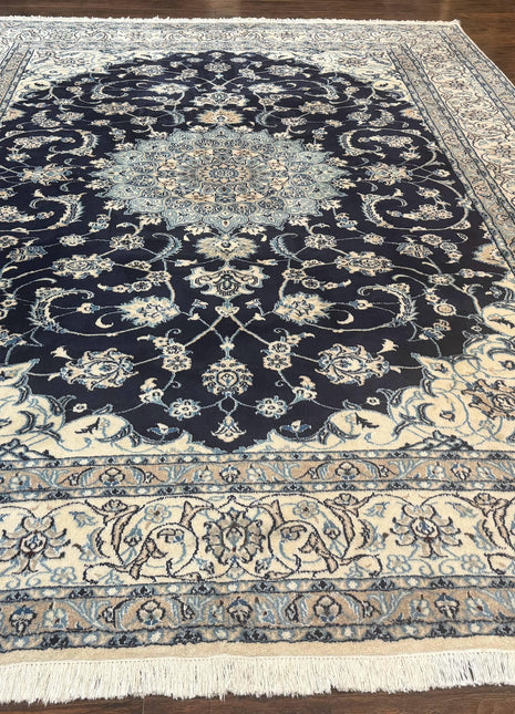 Persian Nain Rug 8x11, Navy Blue and Ivory, Handmade Wool Vintage Carpet, Floral Medallion-0
