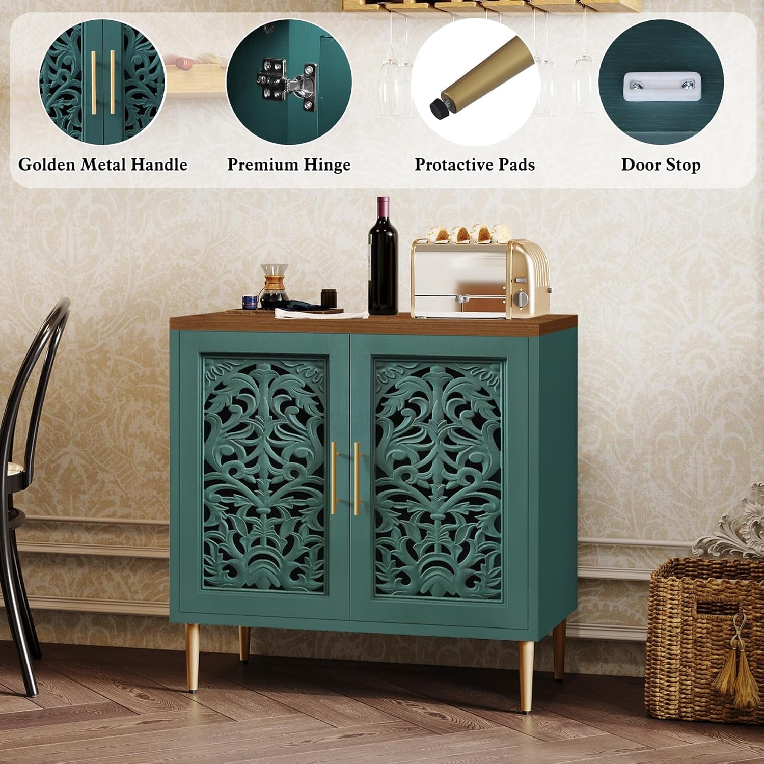 Teal cabinet with decorative patterns on doors, accompanied by icons and text of cabinet parts.