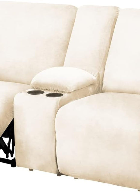 Reclining Love Seat with Middle Console Slipcover, 8-Piece Velvet Stretch Loveseat Reclining Sofa Covers, 2 Seat Love Seat Recliner Cover, Thick, Soft, Washable, Love Seat Slipcovers (Ivory)