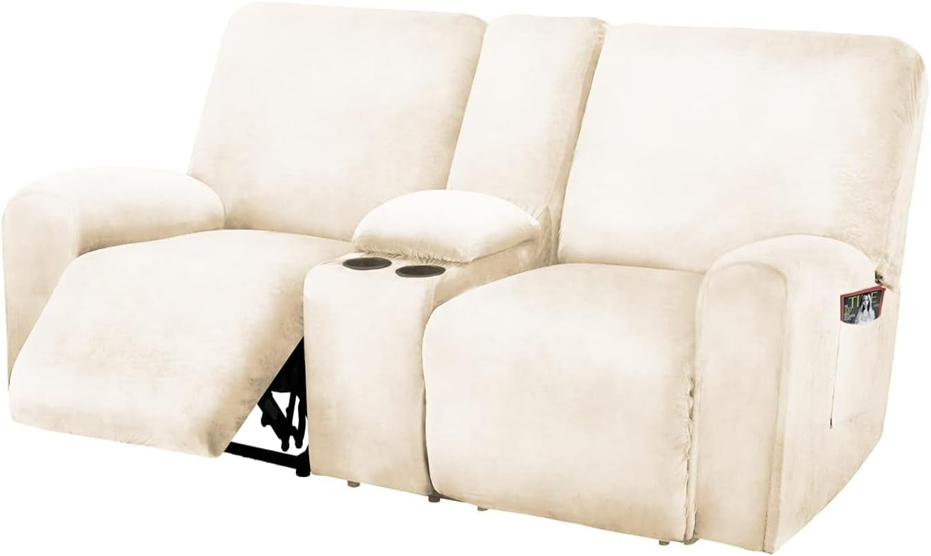 Reclining Love Seat with Middle Console Slipcover, 8-Piece Velvet Stretch Loveseat Reclining Sofa Covers, 2 Seat Love Seat Recliner Cover, Thick, Soft, Washable, Love Seat Slipcovers (Ivory)-0