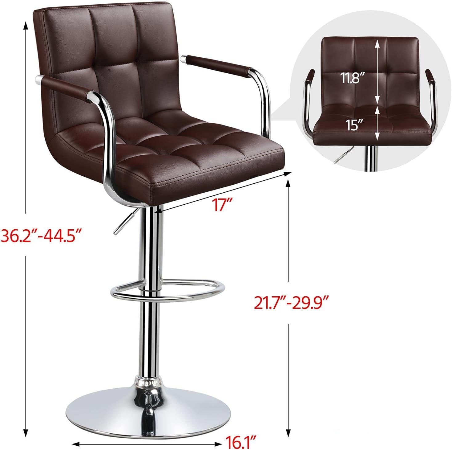 Brown leather bar stool with dimensions and weight capacity details on a white background