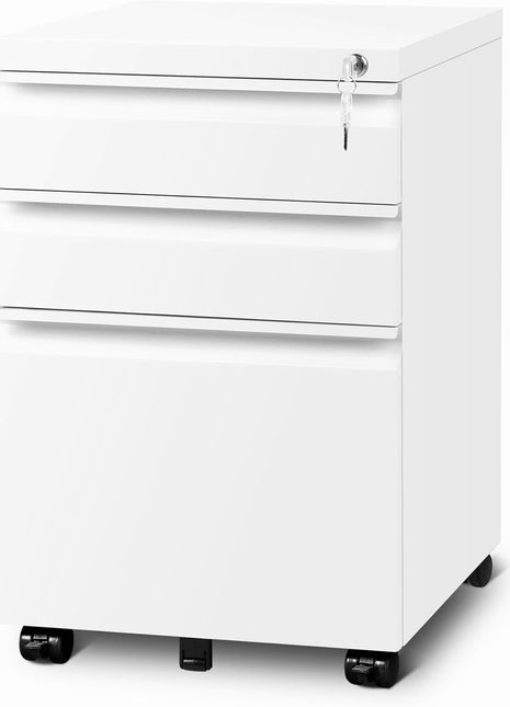 3 Drawer File Cabinet with Lock, File Cabinets for Home Office,Under Desk Cabinet, Locking File Cabinet for A4/Letter/Legal, Fully Assembled Expect Casters, Matte White