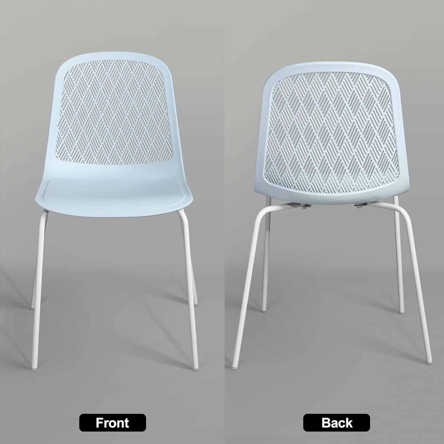 Light blue chair with white mesh back and legs on a gray background
