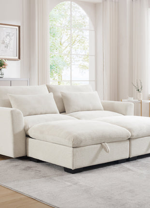 Corduroy Two-Seater Sofa with 2 Storage Footrest, 2 Seater Sectional  deep seat sofa,Comfy Couches for Living Room ,Beige Sofa-2
