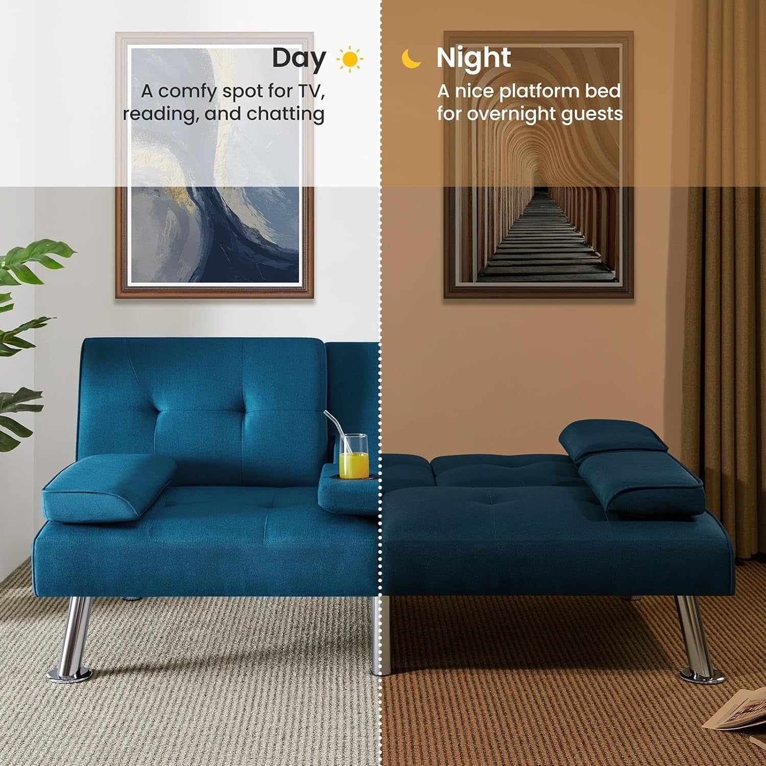 Blue sofa split between 'Day' and 'Night' uses with text descriptions.