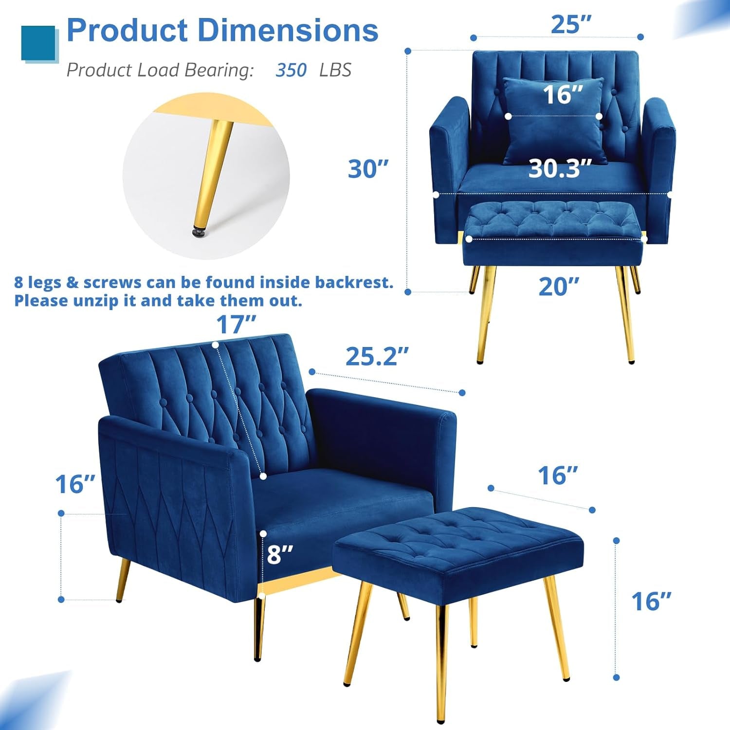 Blue armchair with ottoman and gold legs, showing dimensions on a white background