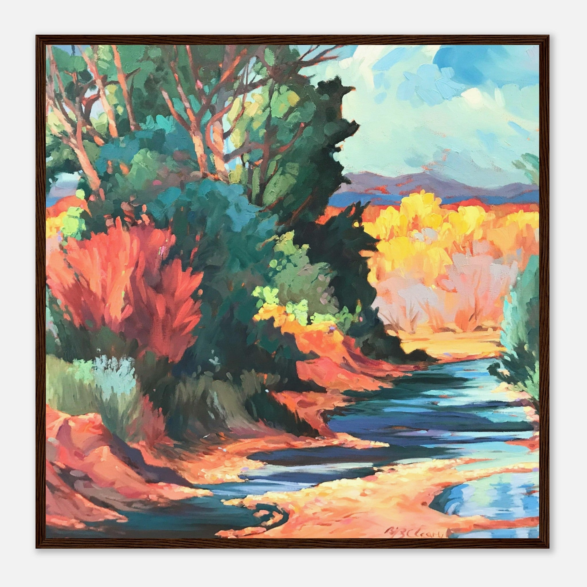 Colorful landscape painting with trees and a stream on a white background