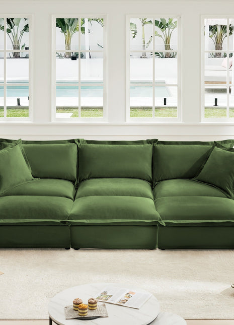 Living Room Sofa Slipcovered Sofa 3 Seater Sofa With 3 Ottomans, Oversized 3-Seat Sleeper Sofa Bed Home Theater Sofa,  Chenille, Green