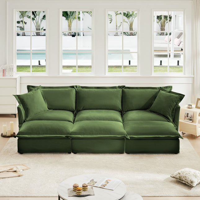 Green Chenille 3-Seat Sleeper Sofa with Ottomans