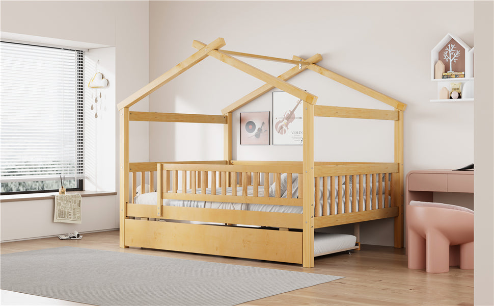 Full Size Wooden House Bed with Twin Size Trundle