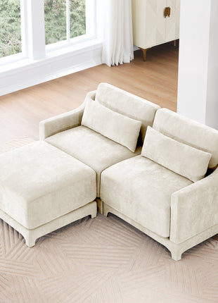 Elegant Two-Seater Sofa with Ottoman, Lumbar Pillows, Ergonomic Design, Beige Chenille, Wood Frame-1