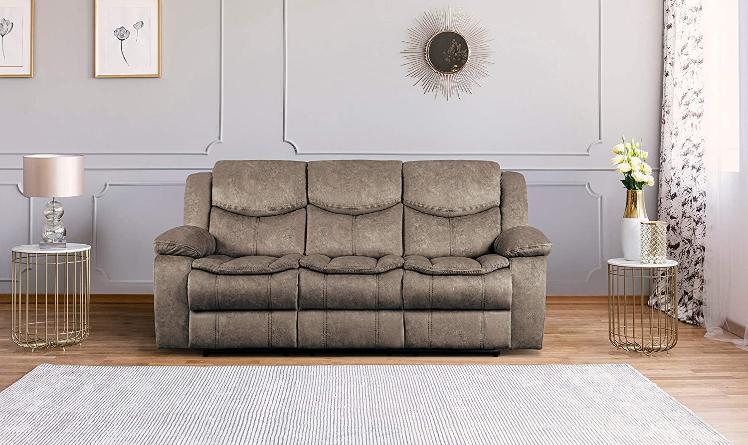 Gray sofa in a living room with decorative elements.