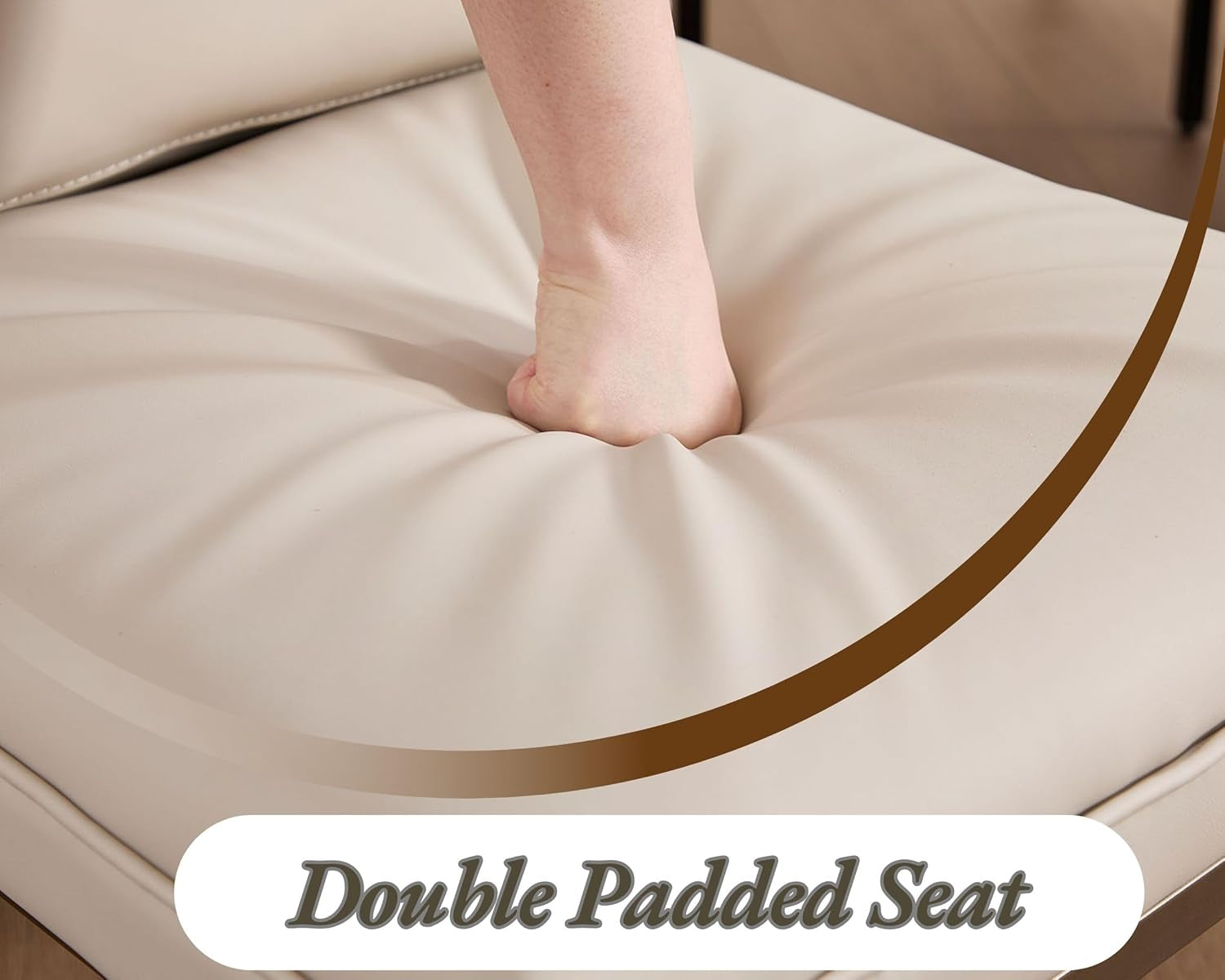 Double padded seat with a hand pressing down on it, labeled 'Double Padded Seat'.