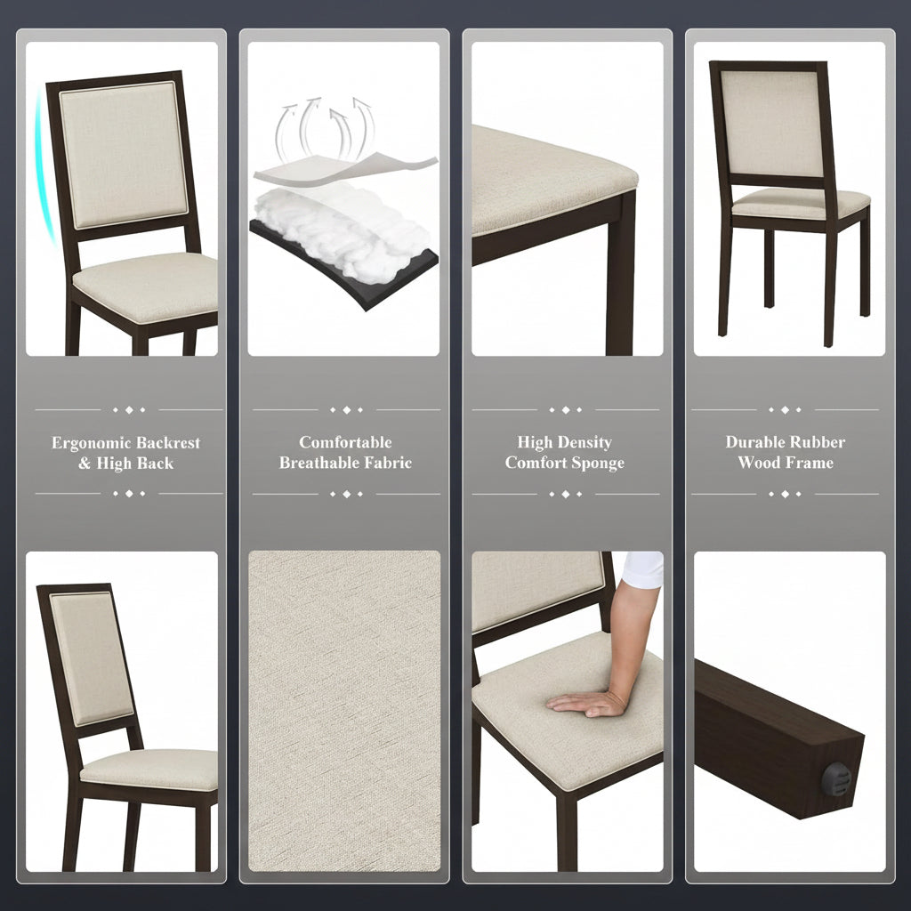 Collage of chair features including ergonomic backrest, breathable fabric, comfort sponge, and wood frame.