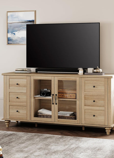 Glass Door Farmhouse TV Stand for Tvs up to 75 Inch, Wood Universal TV Console Table with 4 Storage Cabinets, Entertainment Center for 32-75 Inch TV Console Cabinet, 58'',Oak