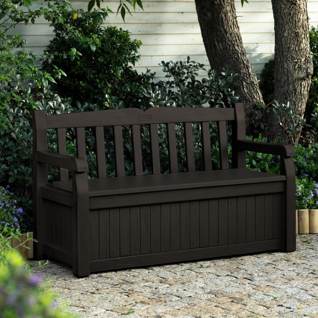 Brown outdoor bench with storage compartment in a garden setting, featuring the Keter brand.