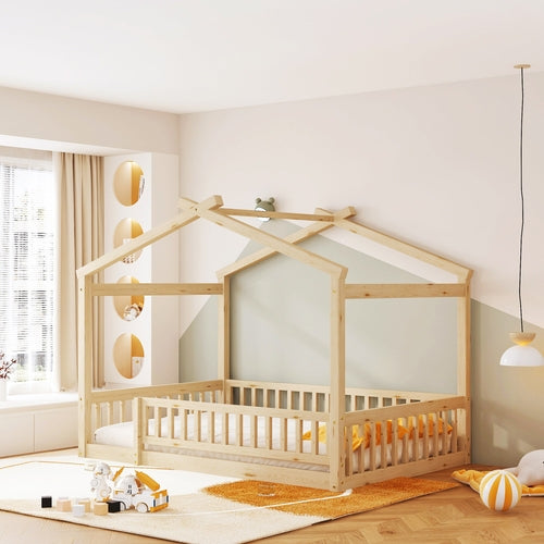 Wood Bed House Bed Frame with Fence, for Kids, Teens, Girls, Boys