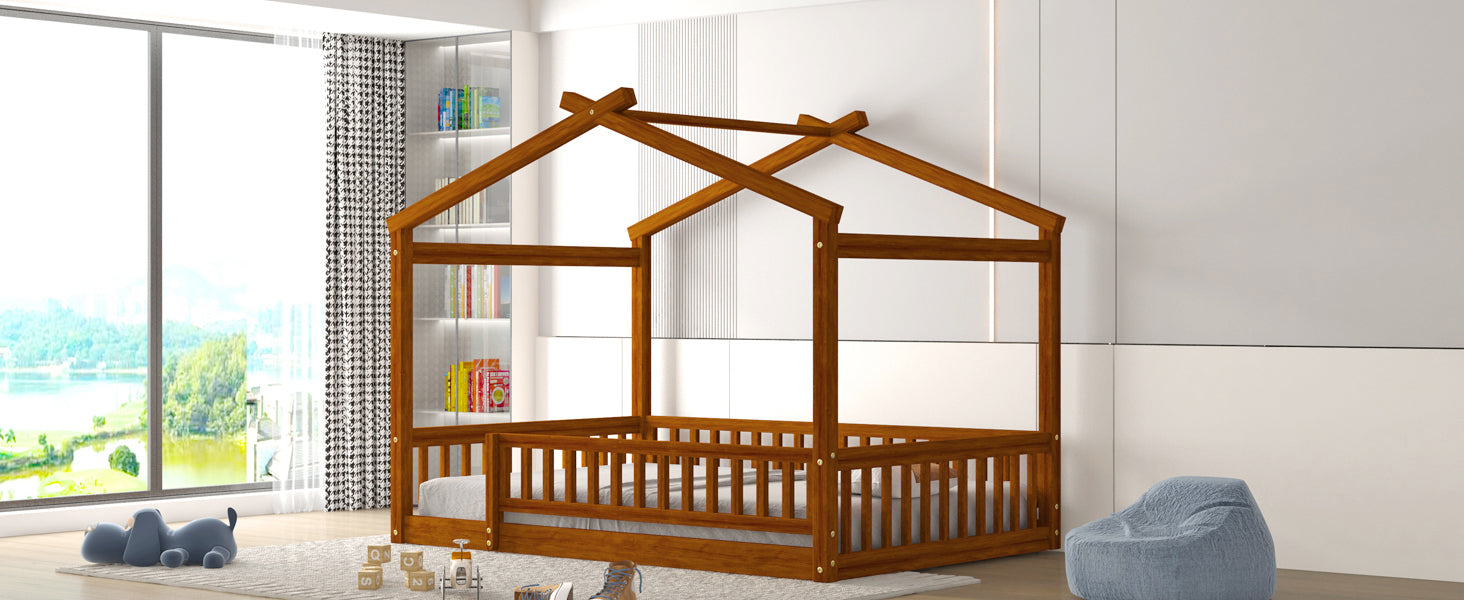 Wood Bed House Bed Frame with Fence, for Kids, Teens, Girls, Boys