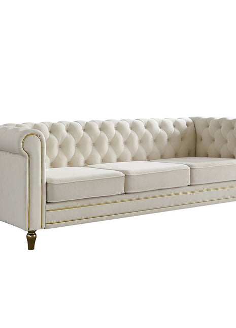 Chesterfield Velvet Sofa 84.65 inch for Living Room Beige Color-1