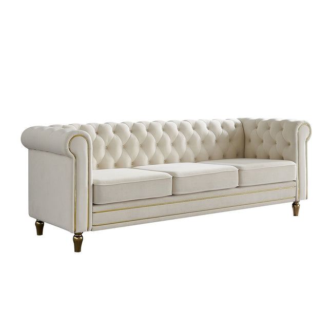 Chesterfield Velvet Sofa 84.65 inch for Living Room Beige Color-1