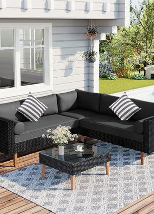 L-Shaped Outdoor Wicker Sofa Set with Colorful Pillows-0