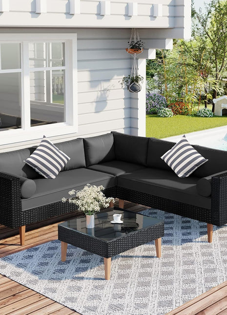L-Shaped Outdoor Wicker Sofa Set with Colorful Pillows-0