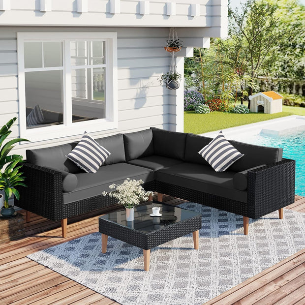 L-Shaped Outdoor Wicker Sofa Set with Colorful Pillows-0